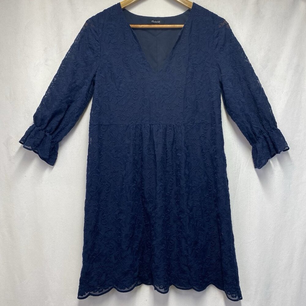 Madewell V-Neck 3/4 Sleeve Embroidered Slowsong Lace Shift Dress Women Sz 0 Navy